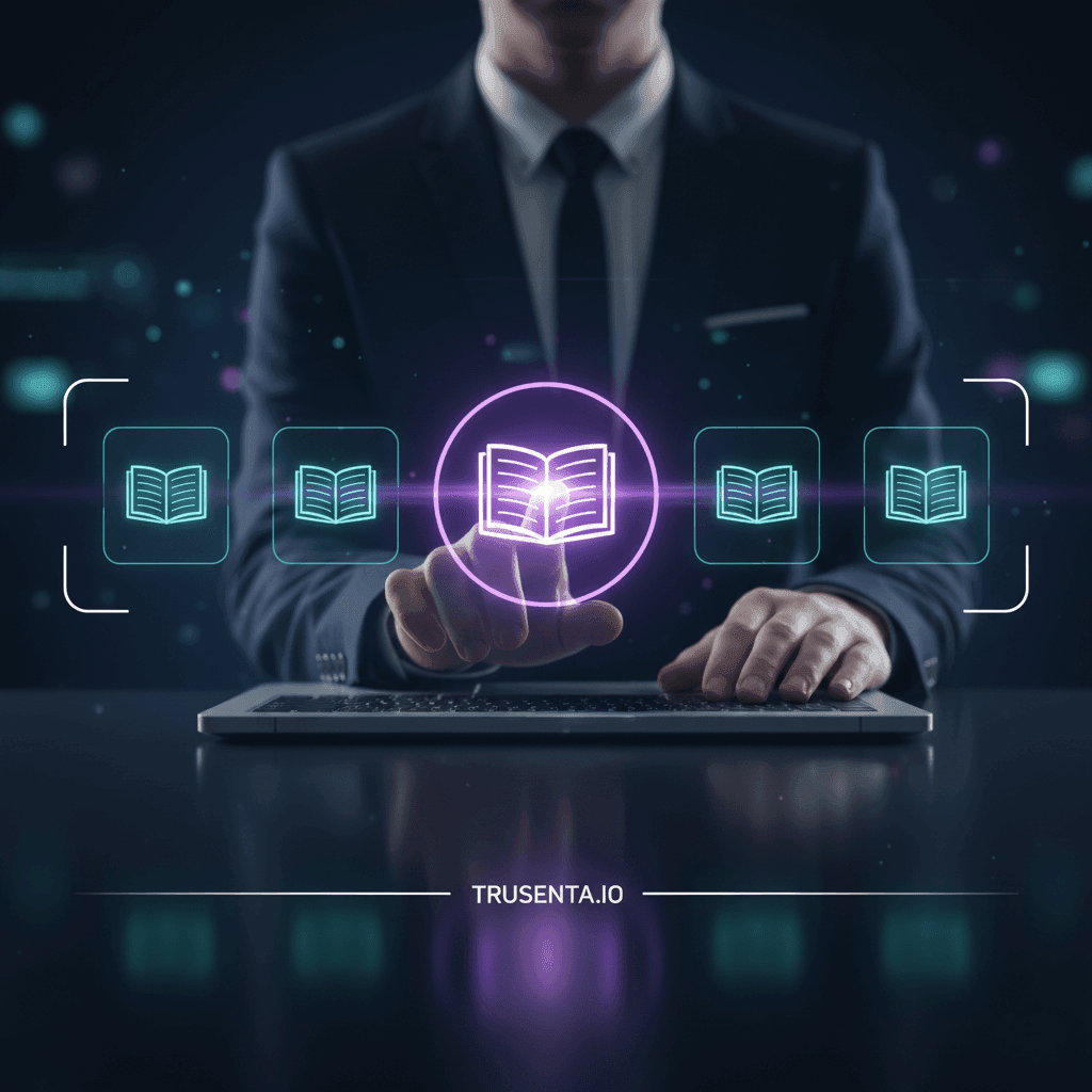 futuristic computer with floating books