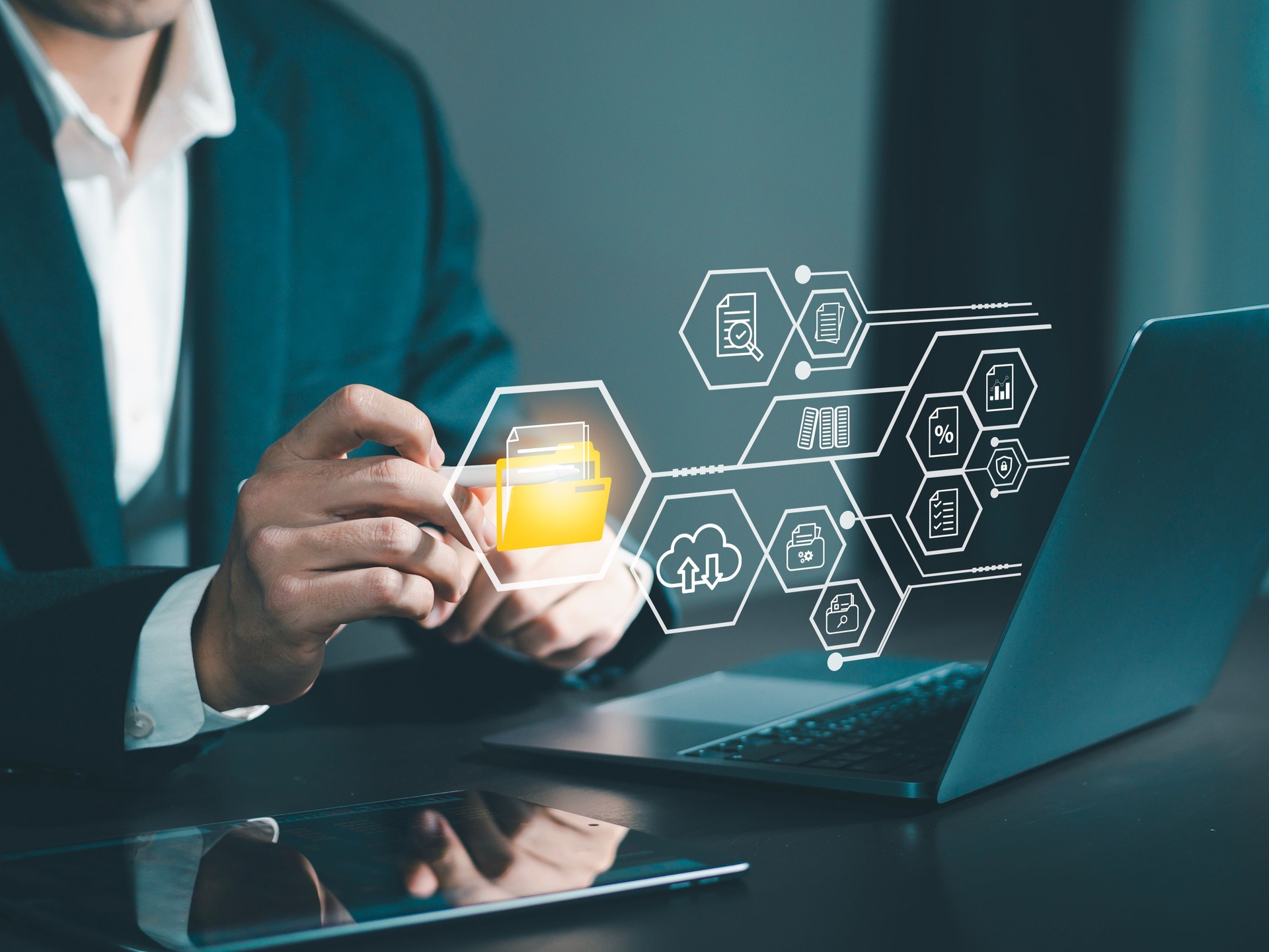 Document management concept based on cloud-based online document database. and digital file storage systems or software. Records access to database technology files. For efficient archiving and data