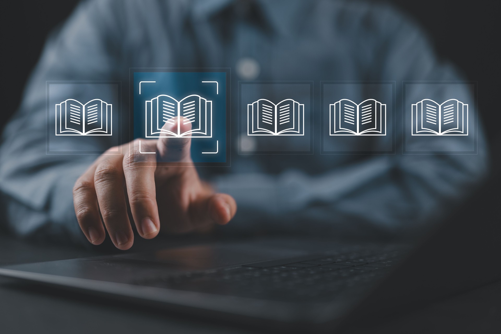 E-library concept. Person use smartphone and hand touch with virtual Ebook icons for electronic books online, knowledge base on internet, digital library or e-library.