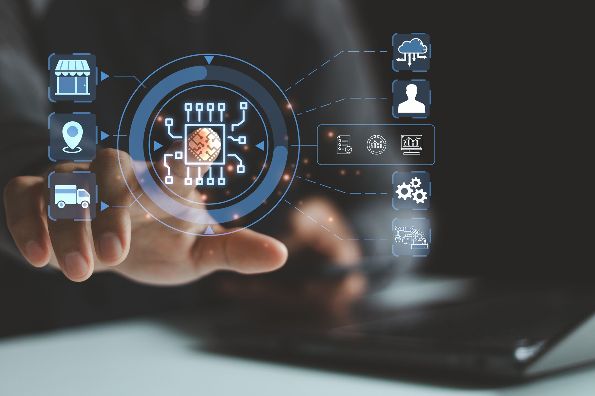 Business people touch supply chain icons by artificial intelligence technology for AI technology in logistics and supply chain management concept. More accurate, reliable and cost effective operation.