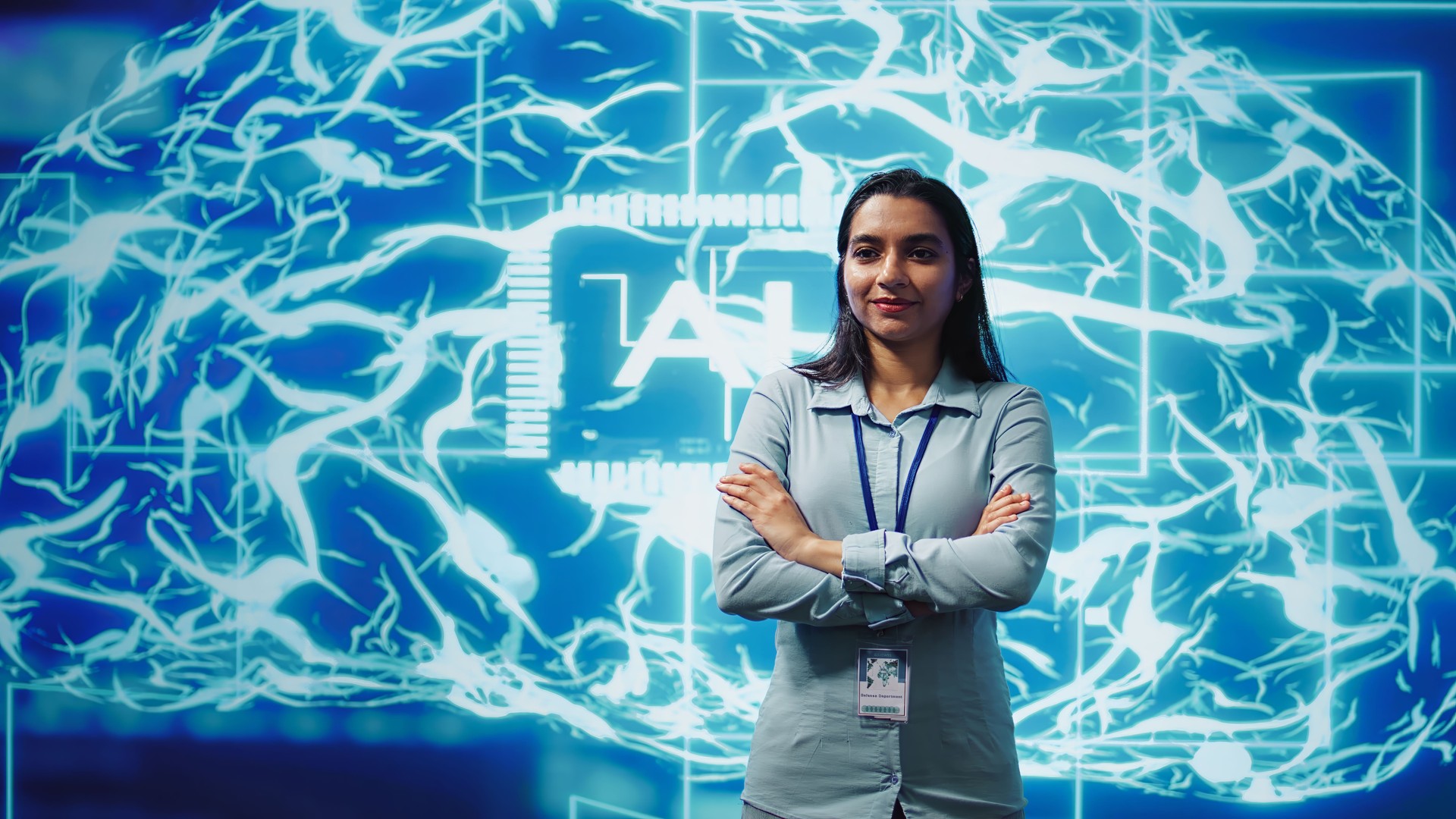 Portrait of upbeat employee working with AI machine learning algorithms